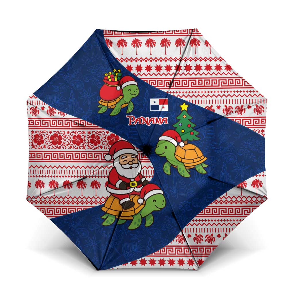 Panama Christmas Umbrella with Santa Claus Sea Turtles Holiday Tree and Red Blue Pattern Design - Wonder Print Shop