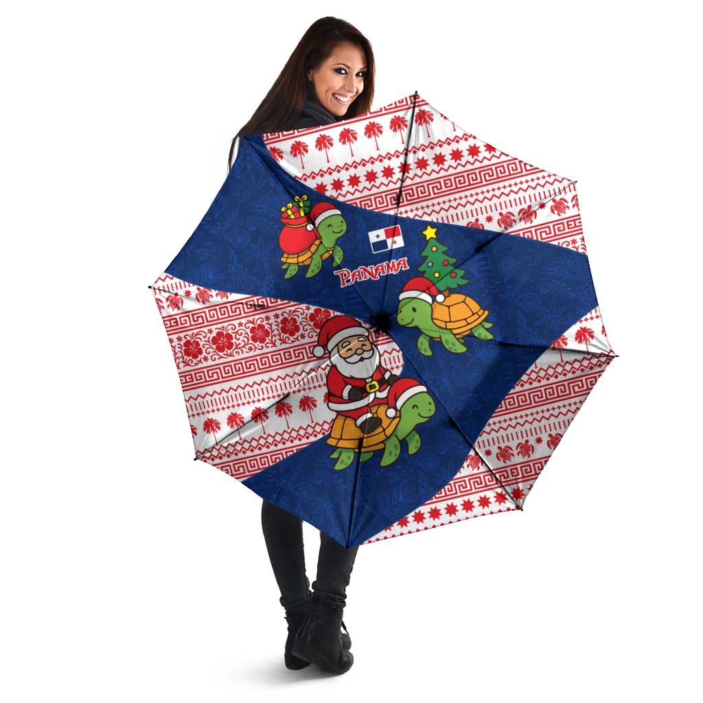 Panama Christmas Umbrella with Santa Claus Sea Turtles Holiday Tree and Red Blue Pattern Design - Wonder Print Shop