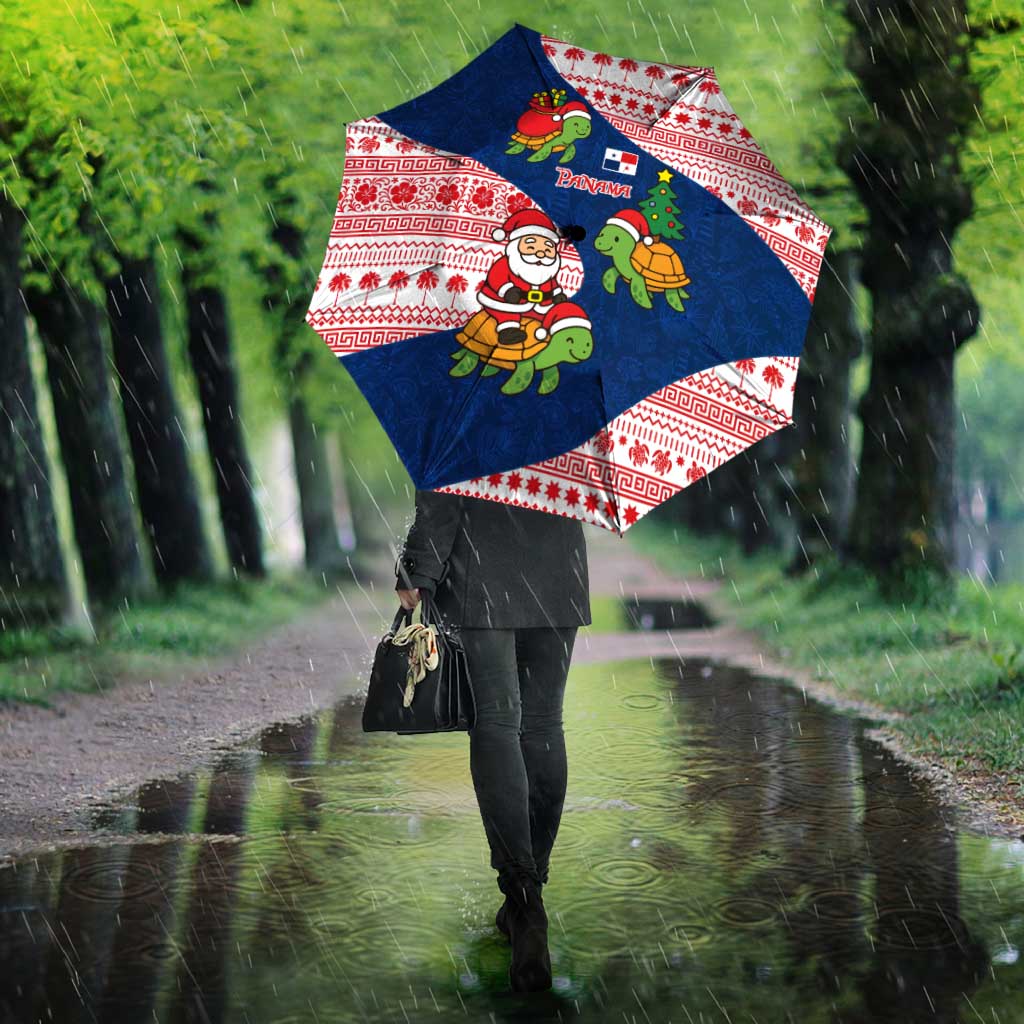 Panama Christmas Umbrella with Santa Claus Sea Turtles Holiday Tree and Red Blue Pattern Design - Wonder Print Shop