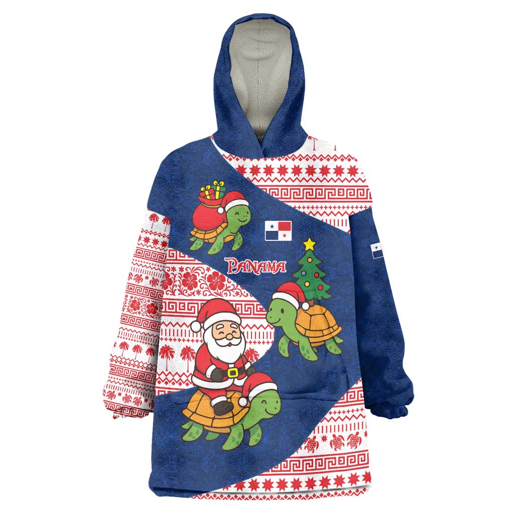 Panama Christmas Wearable Blanket Hoodie with Santa Claus Sea Turtles Holiday Tree and Red Blue Pattern Design - Wonder Print Shop