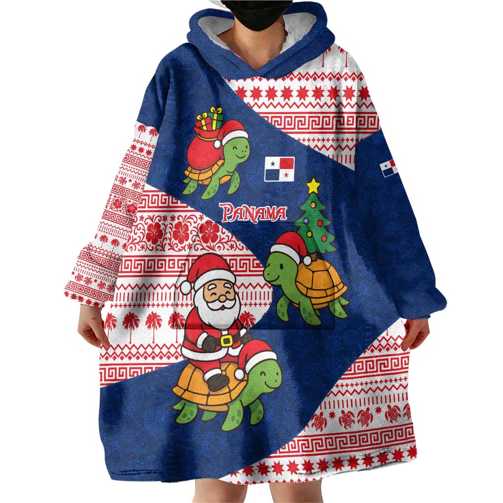 Panama Christmas Wearable Blanket Hoodie with Santa Claus Sea Turtles Holiday Tree and Red Blue Pattern Design - Wonder Print Shop