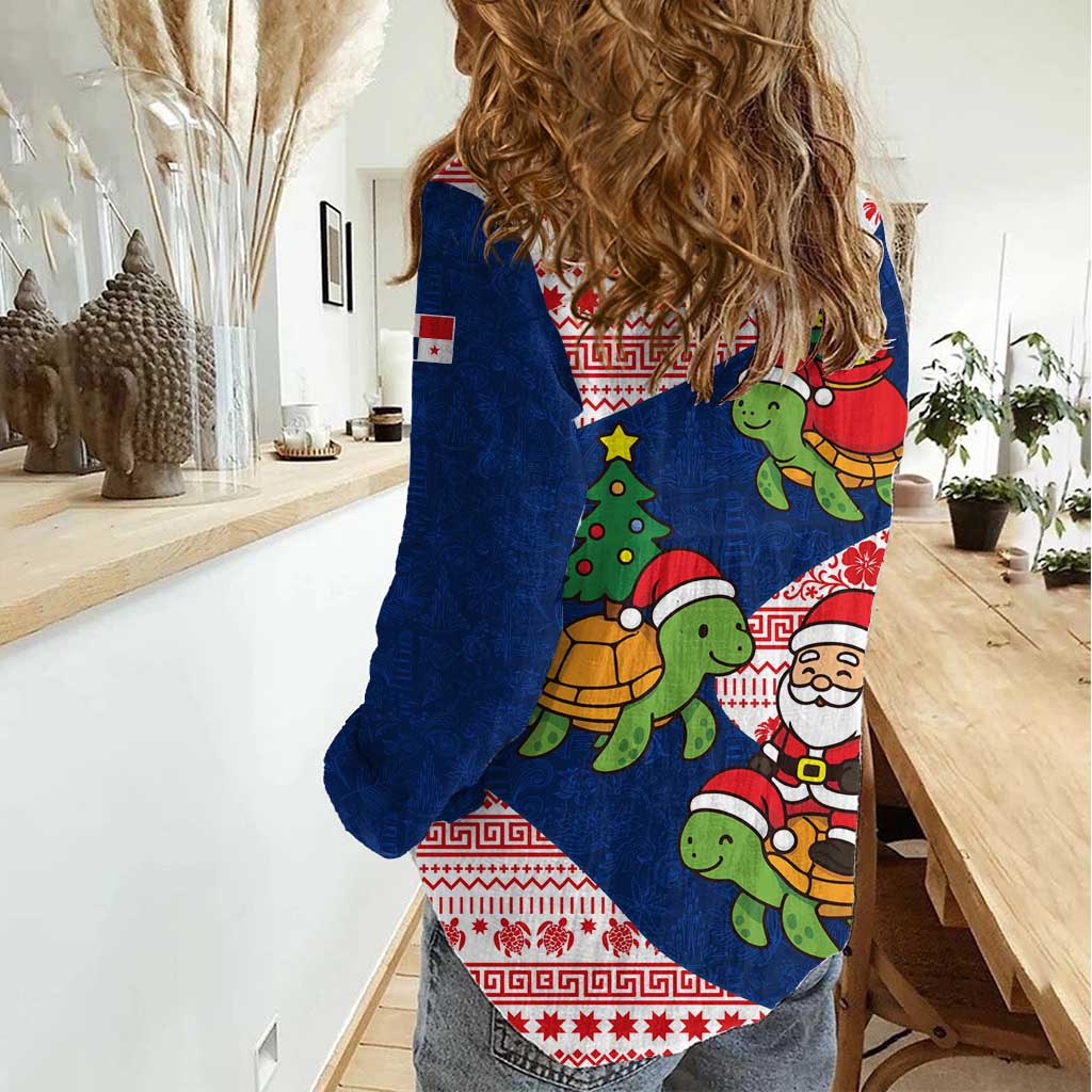 Panama Christmas Women Casual Shirt with Santa Claus Sea Turtles Holiday Tree and Red Blue Pattern Design - Wonder Print Shop