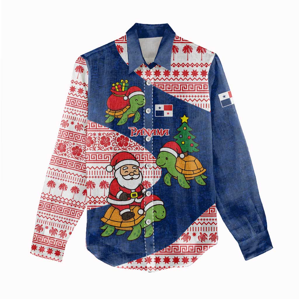 Panama Christmas Women Casual Shirt with Santa Claus Sea Turtles Holiday Tree and Red Blue Pattern Design - Wonder Print Shop