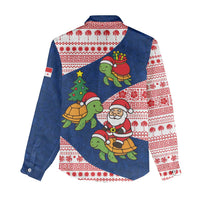 Panama Christmas Women Casual Shirt with Santa Claus Sea Turtles Holiday Tree and Red Blue Pattern Design - Wonder Print Shop