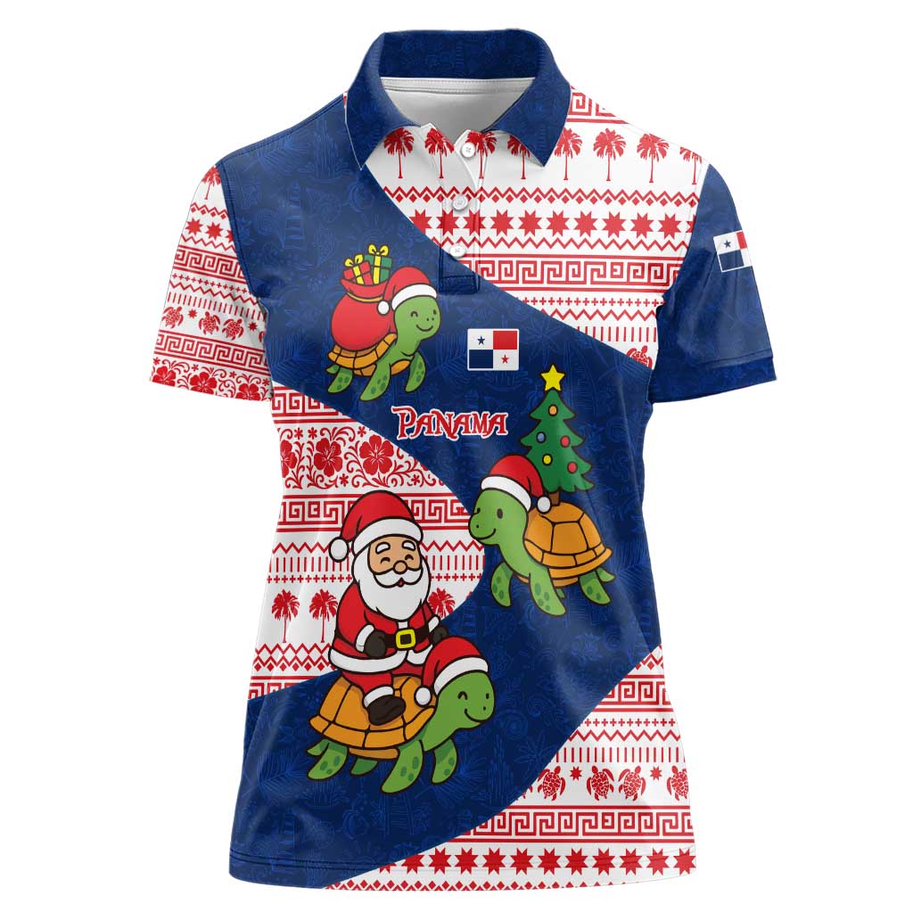 Panama Christmas Women Polo Shirt with Santa Claus Sea Turtles Holiday Tree and Red Blue Pattern Design - Wonder Print Shop