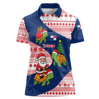 Panama Christmas Women Polo Shirt with Santa Claus Sea Turtles Holiday Tree and Red Blue Pattern Design - Wonder Print Shop