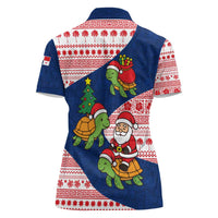 Panama Christmas Women Polo Shirt with Santa Claus Sea Turtles Holiday Tree and Red Blue Pattern Design - Wonder Print Shop