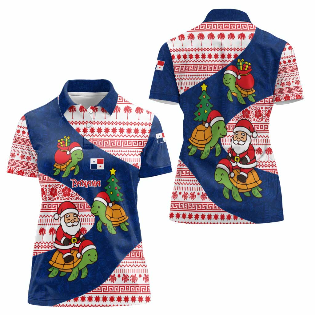Panama Christmas Women Polo Shirt with Santa Claus Sea Turtles Holiday Tree and Red Blue Pattern Design - Wonder Print Shop