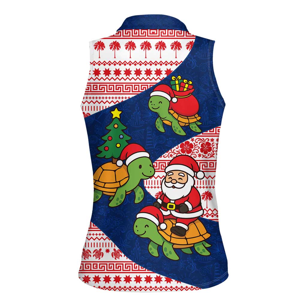 Panama Christmas Women Sleeveless Polo Shirt with Santa Claus Sea Turtles Holiday Tree and Red Blue Pattern Design - Wonder Print Shop