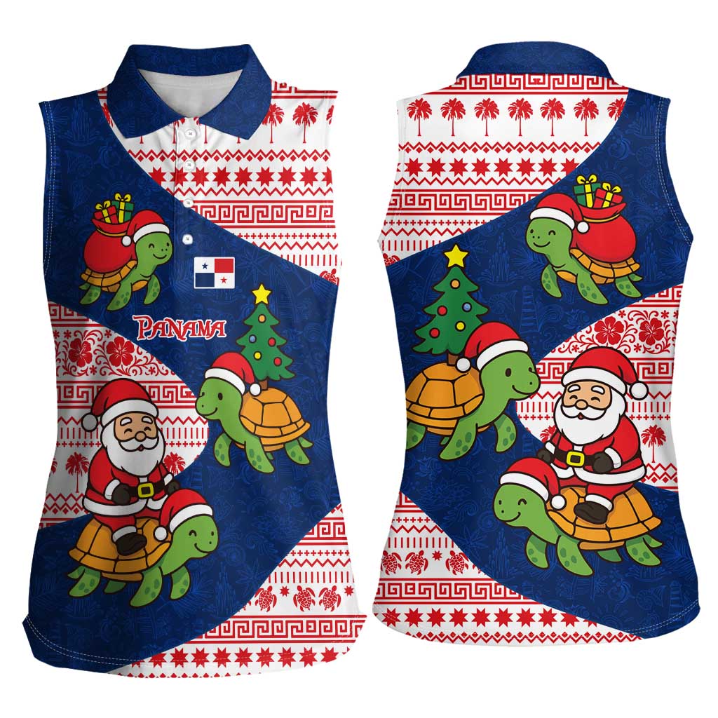Panama Christmas Women Sleeveless Polo Shirt with Santa Claus Sea Turtles Holiday Tree and Red Blue Pattern Design - Wonder Print Shop
