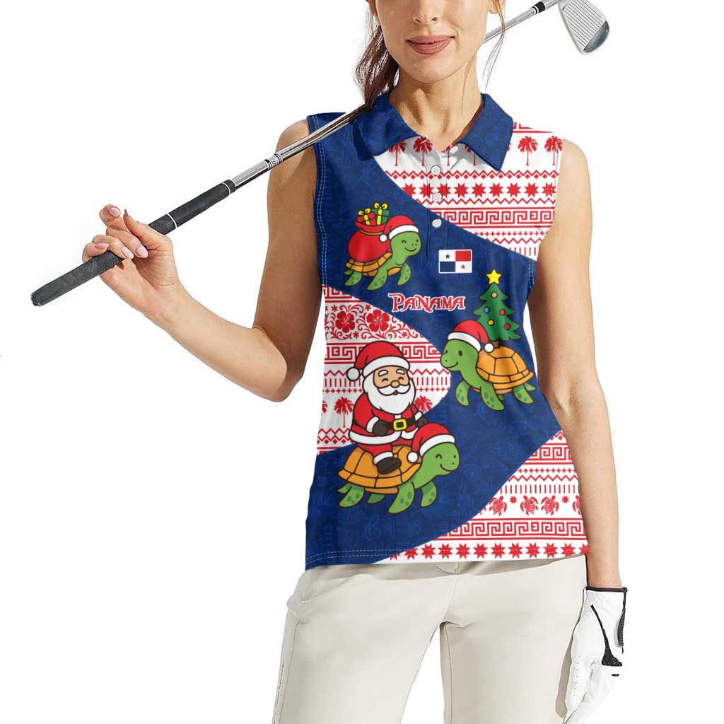 Panama Christmas Women Sleeveless Polo Shirt with Santa Claus Sea Turtles Holiday Tree and Red Blue Pattern Design - Wonder Print Shop