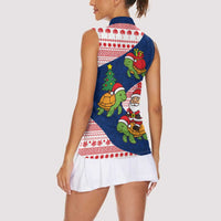 Panama Christmas Women Sleeveless Polo Shirt with Santa Claus Sea Turtles Holiday Tree and Red Blue Pattern Design - Wonder Print Shop