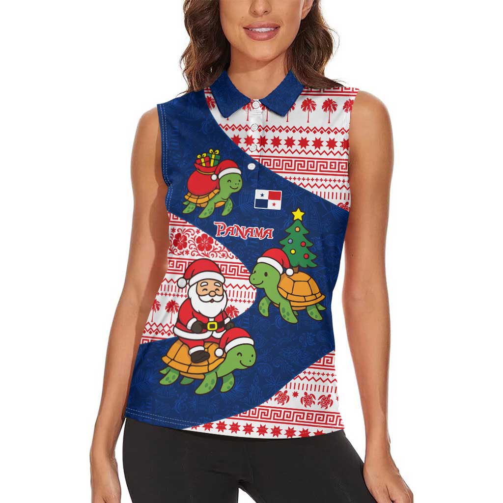 Panama Christmas Women Sleeveless Polo Shirt with Santa Claus Sea Turtles Holiday Tree and Red Blue Pattern Design - Wonder Print Shop