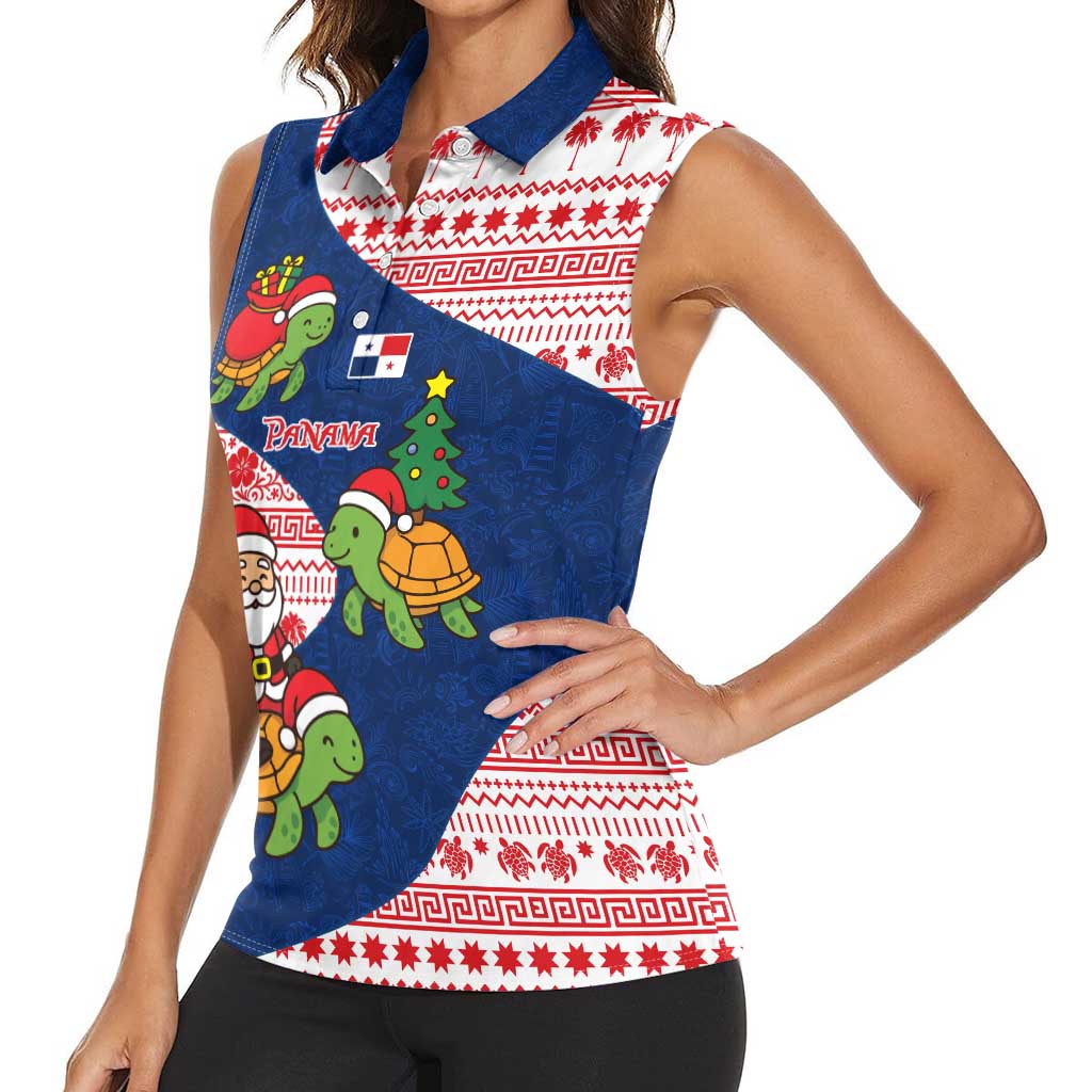 Panama Christmas Women Sleeveless Polo Shirt with Santa Claus Sea Turtles Holiday Tree and Red Blue Pattern Design - Wonder Print Shop