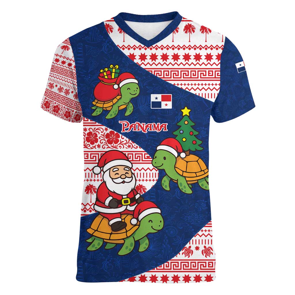 Panama Christmas Women V-Neck T-Shirt with Santa Claus Sea Turtles Holiday Tree and Red Blue Pattern Design - Wonder Print Shop