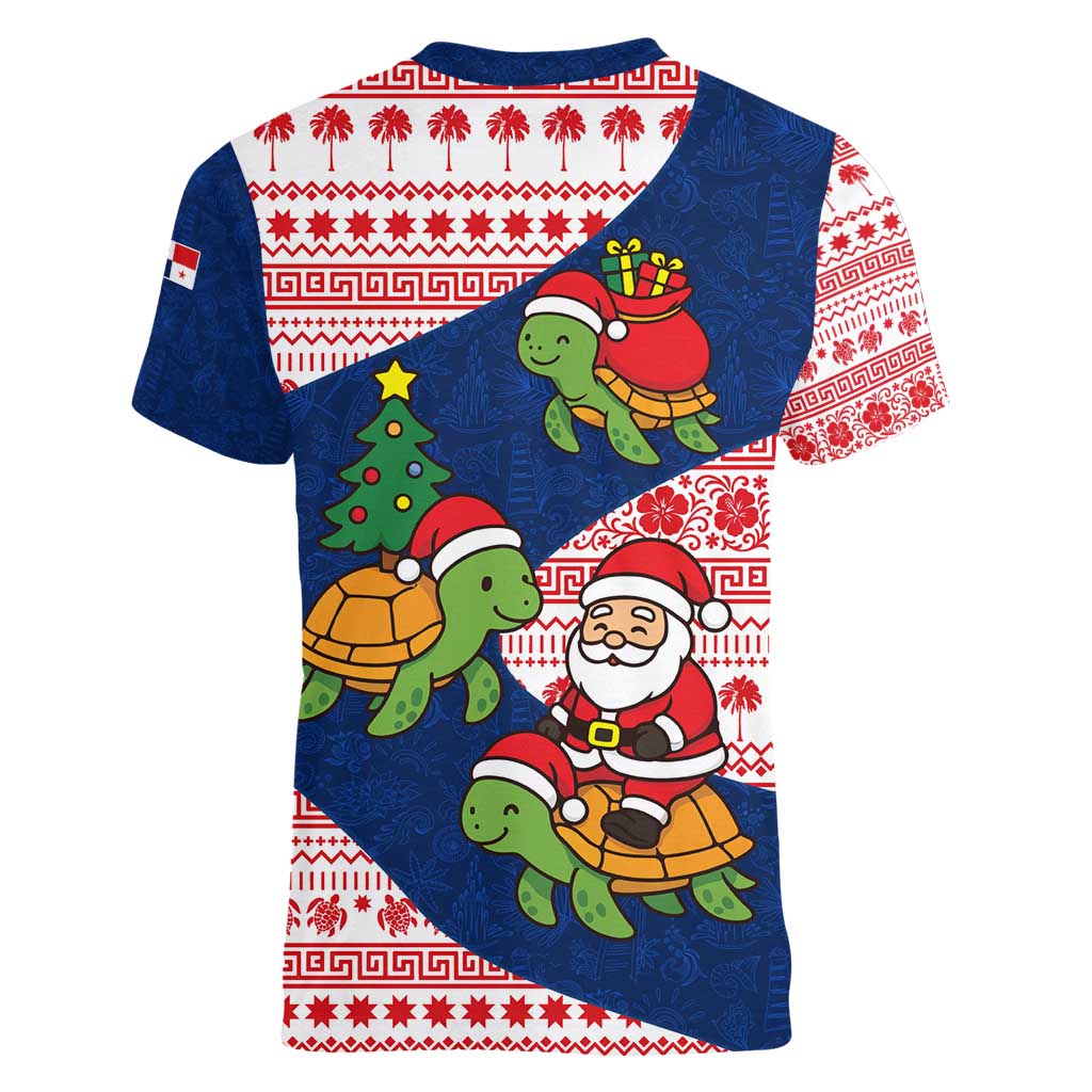 Panama Christmas Women V-Neck T-Shirt with Santa Claus Sea Turtles Holiday Tree and Red Blue Pattern Design - Wonder Print Shop