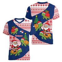 Panama Christmas Women V-Neck T-Shirt with Santa Claus Sea Turtles Holiday Tree and Red Blue Pattern Design - Wonder Print Shop