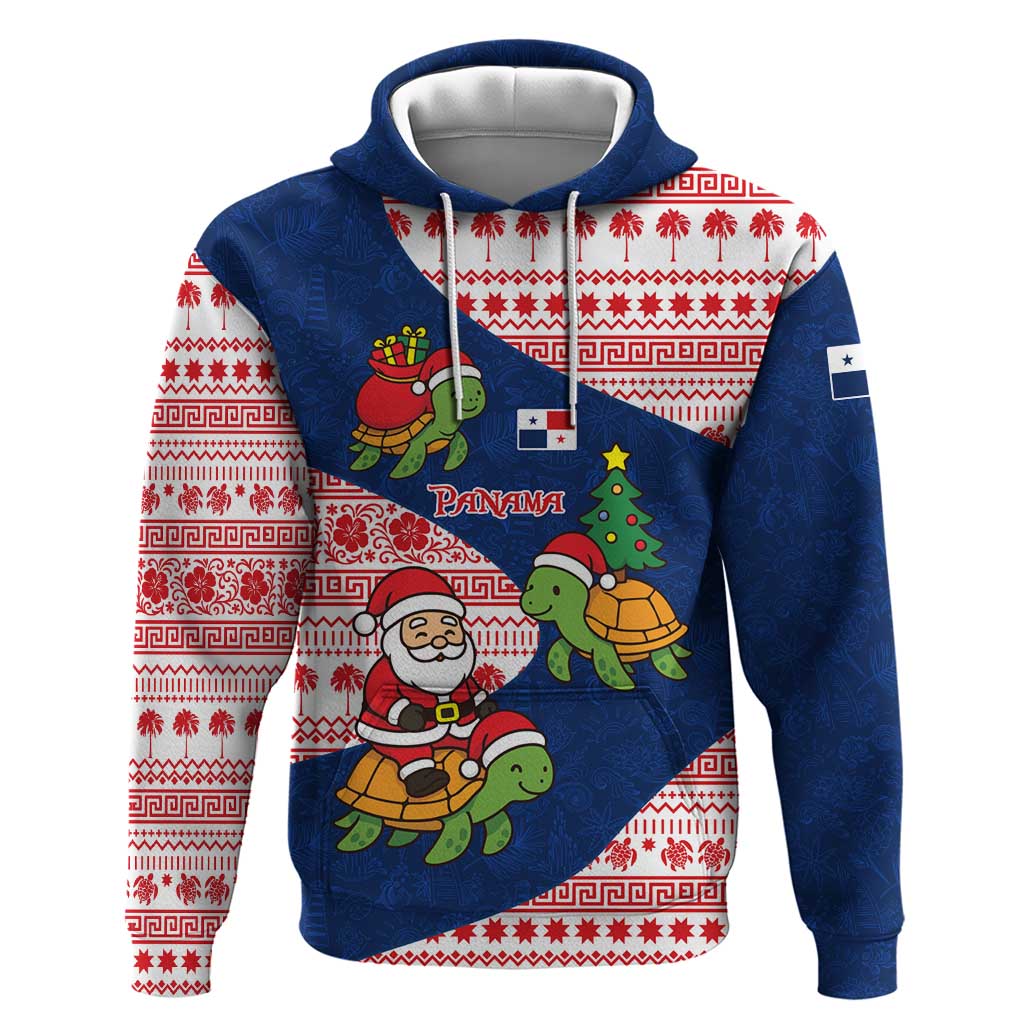 Panama Christmas Zip Hoodie with Santa Claus Sea Turtles Holiday Tree and Red Blue Pattern Design - Wonder Print Shop
