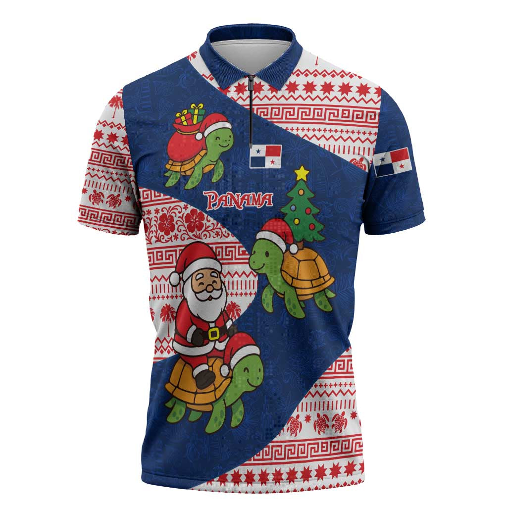 Panama Christmas Zipper Polo Shirt with Santa Claus Sea Turtles Holiday Tree and Red Blue Pattern Design - Wonder Print Shop