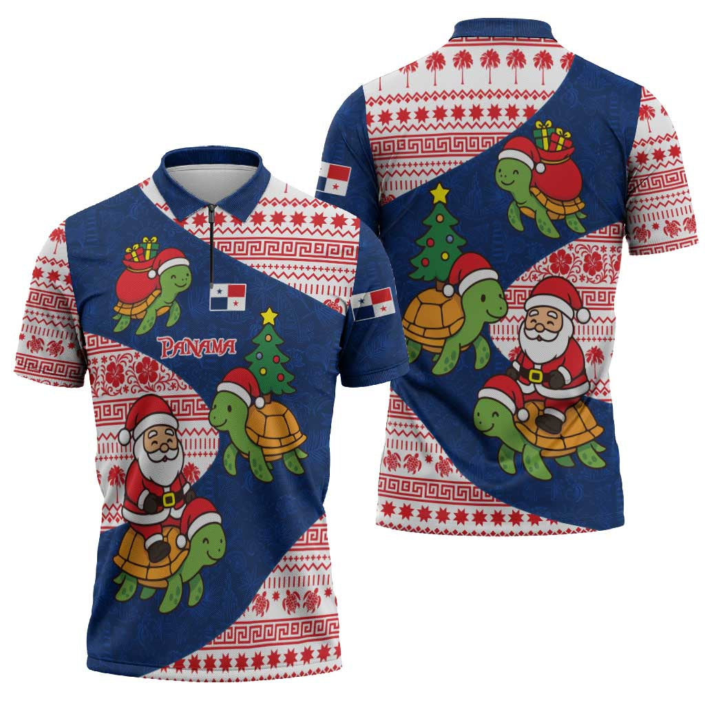 Panama Christmas Zipper Polo Shirt with Santa Claus Sea Turtles Holiday Tree and Red Blue Pattern Design - Wonder Print Shop