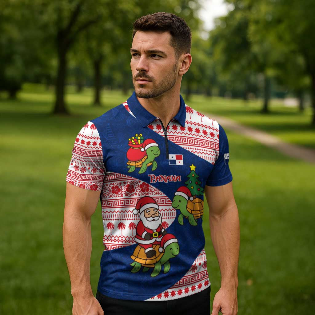 Panama Christmas Zipper Polo Shirt with Santa Claus Sea Turtles Holiday Tree and Red Blue Pattern Design - Wonder Print Shop