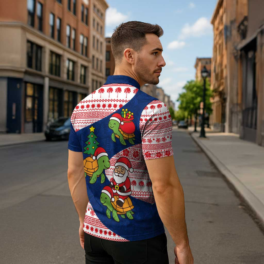 Panama Christmas Zipper Polo Shirt with Santa Claus Sea Turtles Holiday Tree and Red Blue Pattern Design - Wonder Print Shop