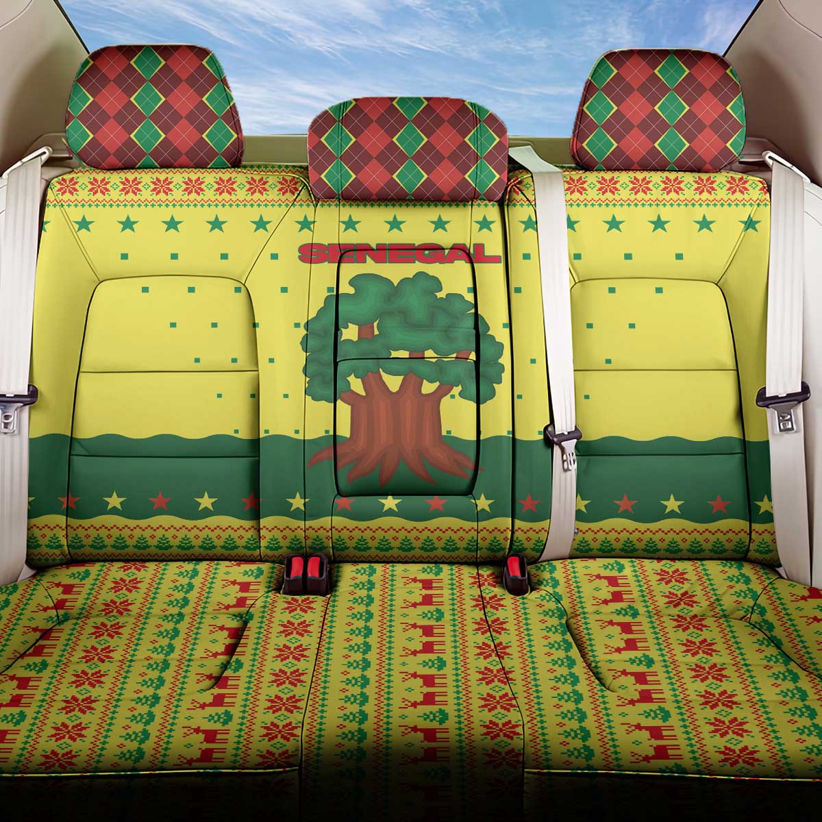 Senegal Christmas Back Car Seat Cover with Yellow-Green-Red Design, Baobab Tree, and National Coat of Arms Motif - Wonder Print Shop