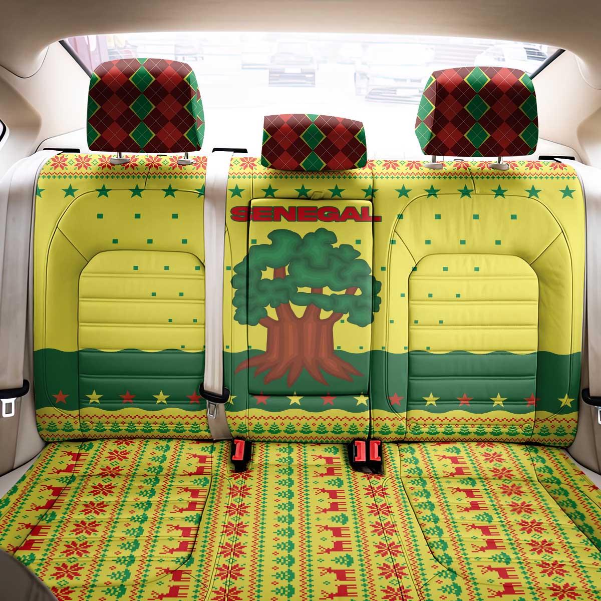Senegal Christmas Back Car Seat Cover with Yellow-Green-Red Design, Baobab Tree, and National Coat of Arms Motif - Wonder Print Shop