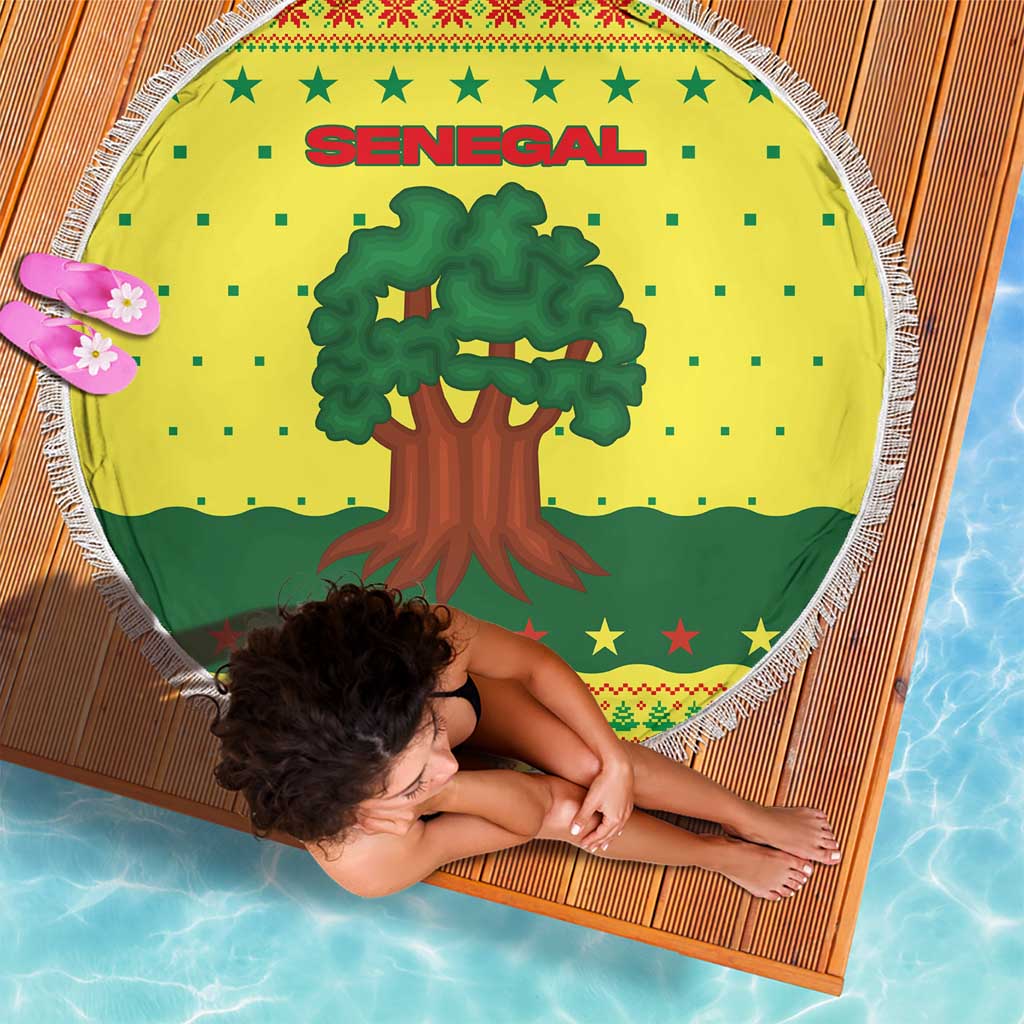 Senegal Christmas Beach Blanket with Yellow-Green-Red Design, Baobab Tree, and National Coat of Arms Motif - Wonder Print Shop