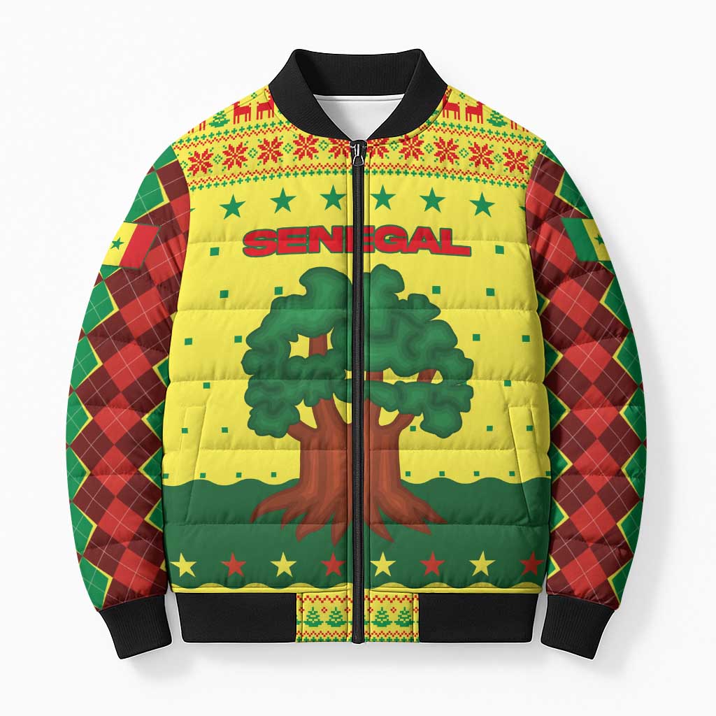 Senegal Christmas Bomber Puffer Jacket with Yellow-Green-Red Design, Baobab Tree, and National Coat of Arms Motif - Wonder Print Shop
