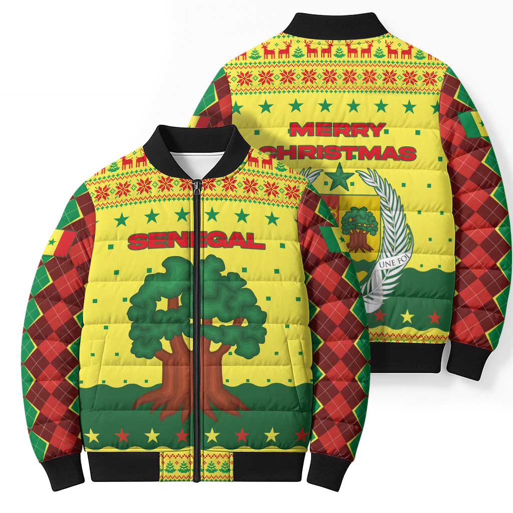 Senegal Christmas Bomber Puffer Jacket with Yellow-Green-Red Design, Baobab Tree, and National Coat of Arms Motif - Wonder Print Shop
