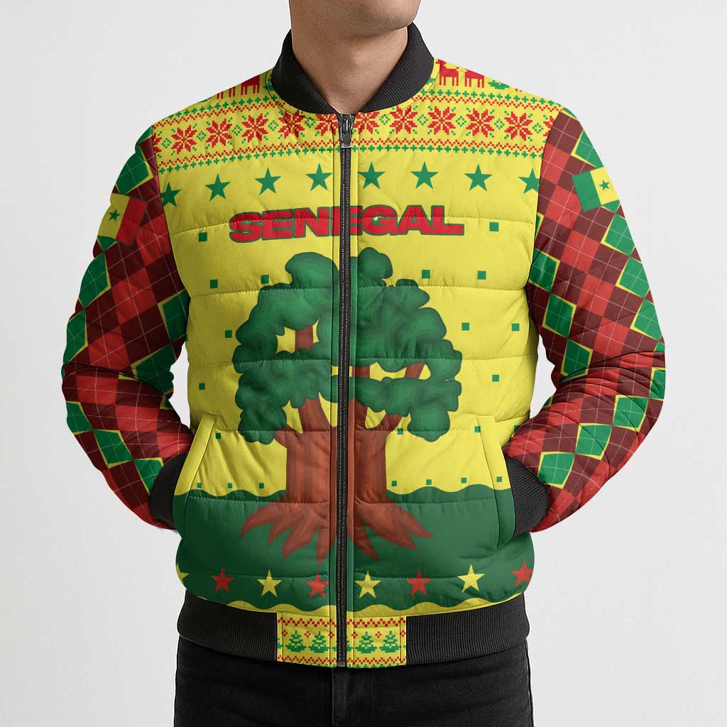 Senegal Christmas Bomber Puffer Jacket with Yellow-Green-Red Design, Baobab Tree, and National Coat of Arms Motif - Wonder Print Shop