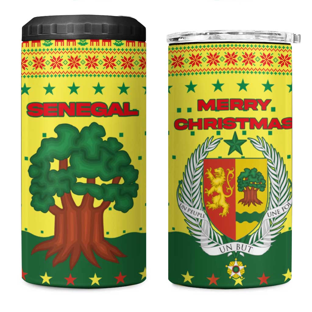 Senegal Christmas 4 in 1 Can Cooler Tumbler with Yellow-Green-Red Design, Baobab Tree, and National Coat of Arms Motif - Wonder Print Shop