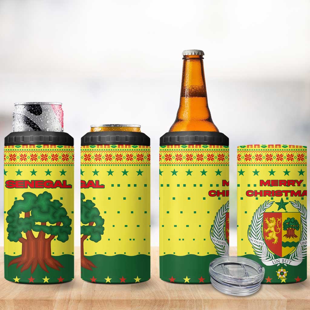 Senegal Christmas 4 in 1 Can Cooler Tumbler with Yellow-Green-Red Design, Baobab Tree, and National Coat of Arms Motif - Wonder Print Shop