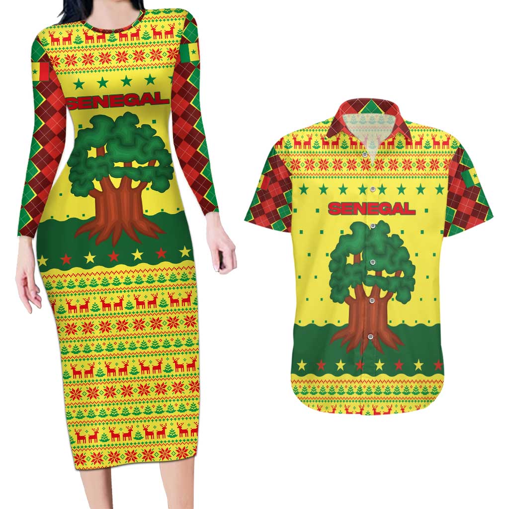 Senegal Christmas Couples Matching Long Sleeve Bodycon Dress and Hawaiian Shirt with Yellow-Green-Red Design, Baobab Tree, and National Coat of Arms Motif - Wonder Print Shop