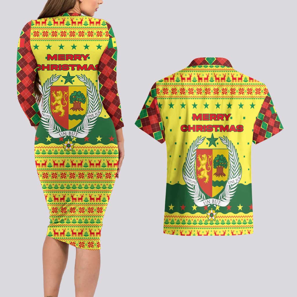 Senegal Christmas Couples Matching Long Sleeve Bodycon Dress and Hawaiian Shirt with Yellow-Green-Red Design, Baobab Tree, and National Coat of Arms Motif - Wonder Print Shop