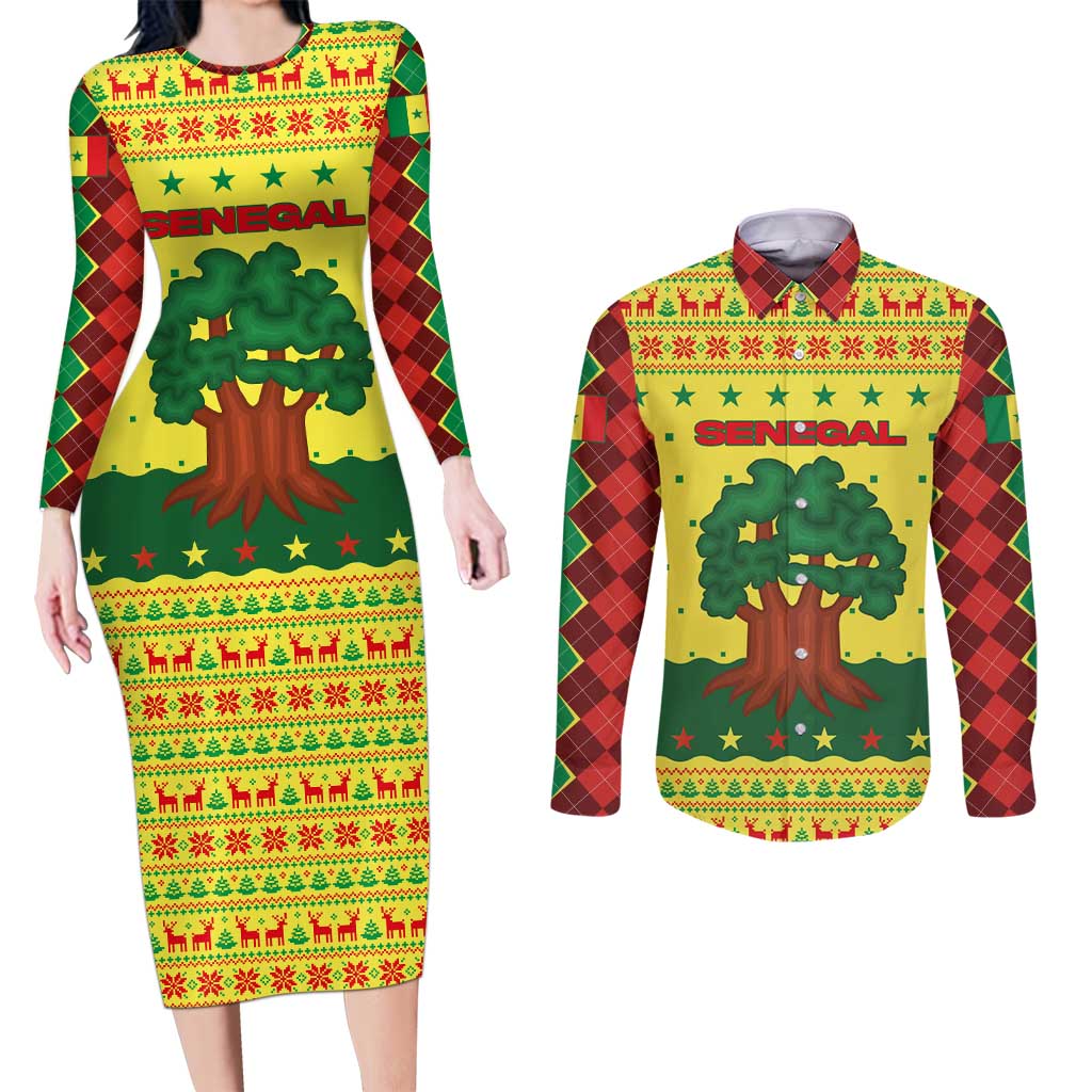 Senegal Christmas Couples Matching Long Sleeve Bodycon Dress and Long Sleeve Button Shirt with Yellow-Green-Red Design, Baobab Tree, and National Coat of Arms Motif - Wonder Print Shop
