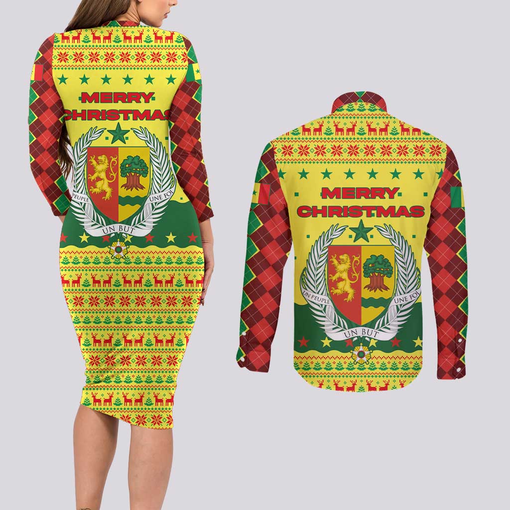 Senegal Christmas Couples Matching Long Sleeve Bodycon Dress and Long Sleeve Button Shirt with Yellow-Green-Red Design, Baobab Tree, and National Coat of Arms Motif - Wonder Print Shop