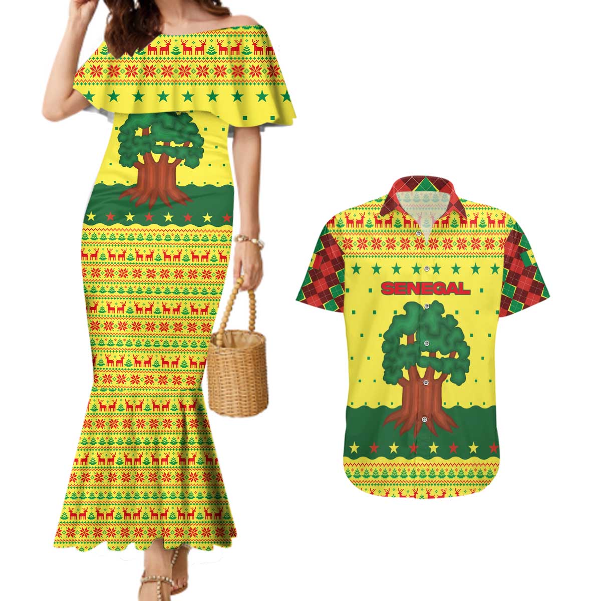 Senegal Christmas Couples Matching Mermaid Dress and Hawaiian Shirt with Yellow-Green-Red Design, Baobab Tree, and National Coat of Arms Motif - Wonder Print Shop