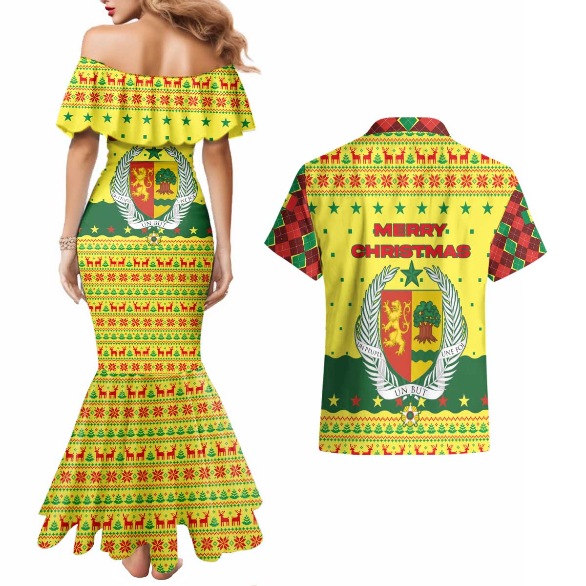 Senegal Christmas Couples Matching Mermaid Dress and Hawaiian Shirt with Yellow-Green-Red Design, Baobab Tree, and National Coat of Arms Motif - Wonder Print Shop