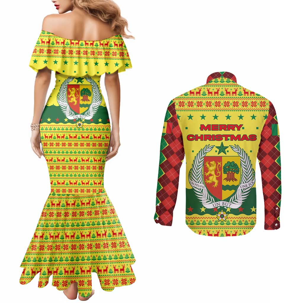 Senegal Christmas Couples Matching Mermaid Dress and Long Sleeve Button Shirt with Yellow-Green-Red Design, Baobab Tree, and National Coat of Arms Motif - Wonder Print Shop