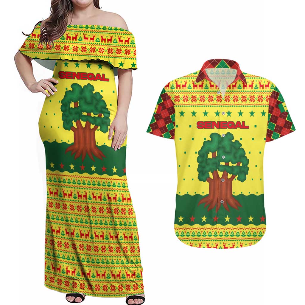 Senegal Christmas Couples Matching Off Shoulder Maxi Dress and Hawaiian Shirt with Yellow-Green-Red Design, Baobab Tree, and National Coat of Arms Motif - Wonder Print Shop