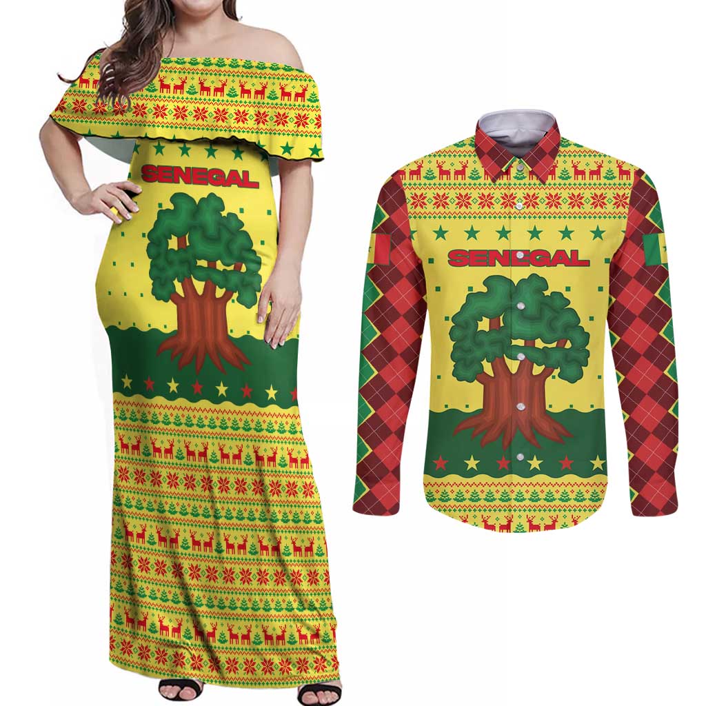 Senegal Christmas Couples Matching Off Shoulder Maxi Dress and Long Sleeve Button Shirt with Yellow-Green-Red Design, Baobab Tree, and National Coat of Arms Motif - Wonder Print Shop