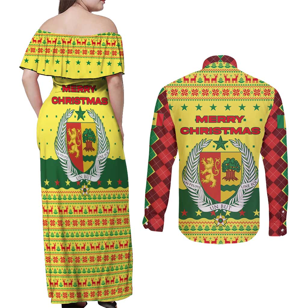 Senegal Christmas Couples Matching Off Shoulder Maxi Dress and Long Sleeve Button Shirt with Yellow-Green-Red Design, Baobab Tree, and National Coat of Arms Motif - Wonder Print Shop
