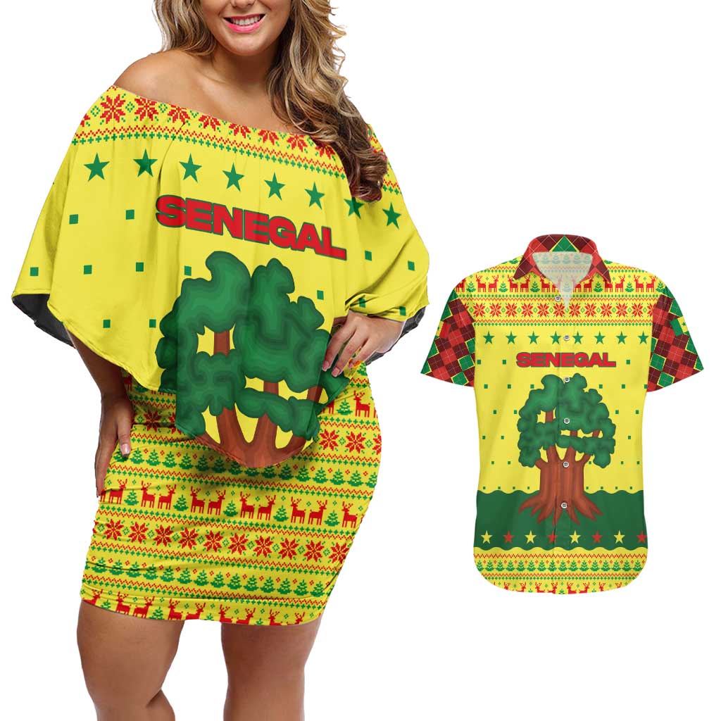 Senegal Christmas Couples Matching Off Shoulder Short Dress and Hawaiian Shirt with Yellow-Green-Red Design, Baobab Tree, and National Coat of Arms Motif - Wonder Print Shop
