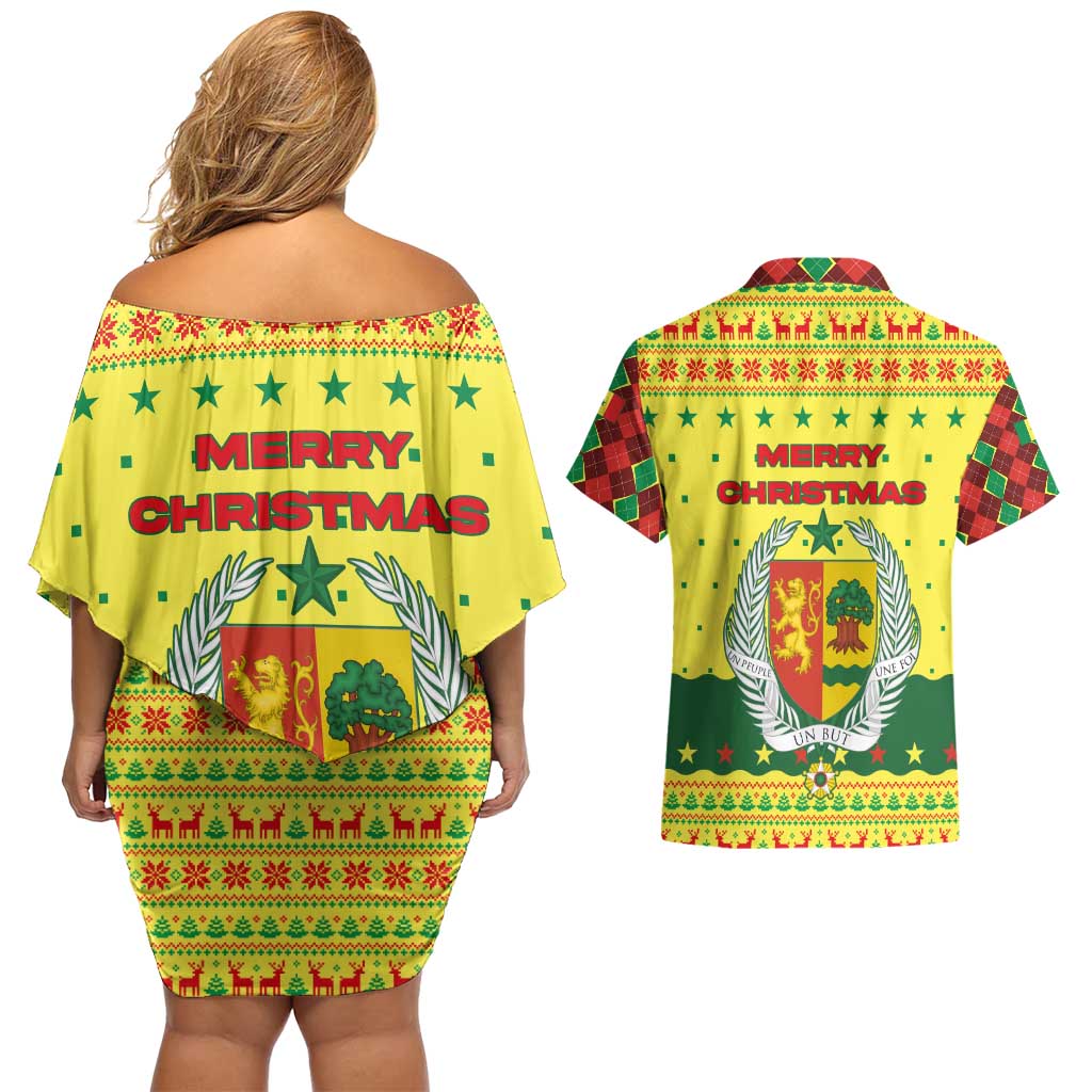Senegal Christmas Couples Matching Off Shoulder Short Dress and Hawaiian Shirt with Yellow-Green-Red Design, Baobab Tree, and National Coat of Arms Motif - Wonder Print Shop