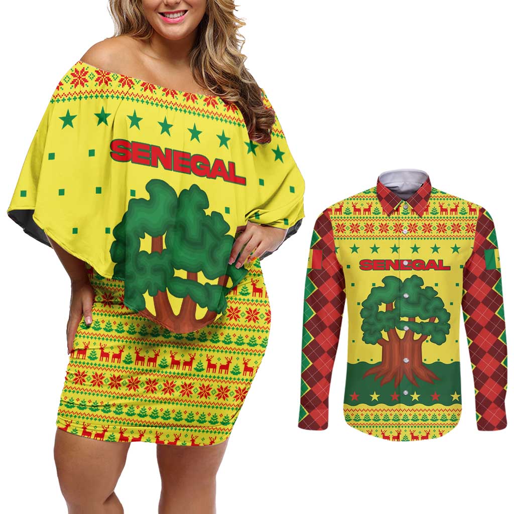 Senegal Christmas Couples Matching Off Shoulder Short Dress and Long Sleeve Button Shirt with Yellow-Green-Red Design, Baobab Tree, and National Coat of Arms Motif - Wonder Print Shop