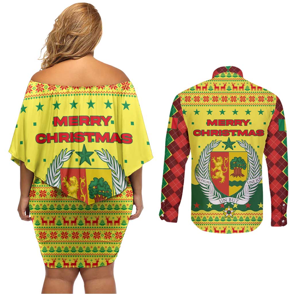 Senegal Christmas Couples Matching Off Shoulder Short Dress and Long Sleeve Button Shirt with Yellow-Green-Red Design, Baobab Tree, and National Coat of Arms Motif - Wonder Print Shop
