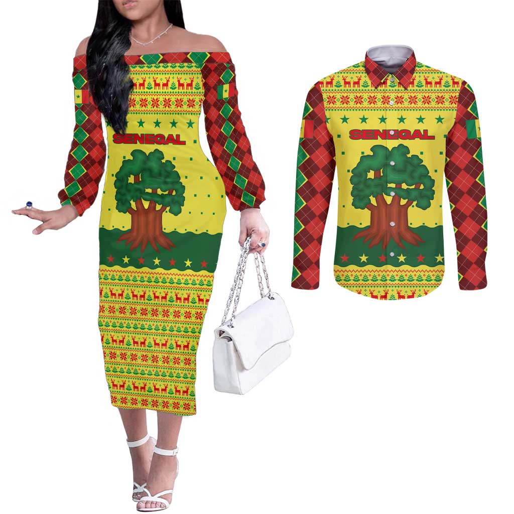 Senegal Christmas Couples Matching Off The Shoulder Long Sleeve Dress and Long Sleeve Button Shirt with Yellow-Green-Red Design, Baobab Tree, and National Coat of Arms Motif - Wonder Print Shop