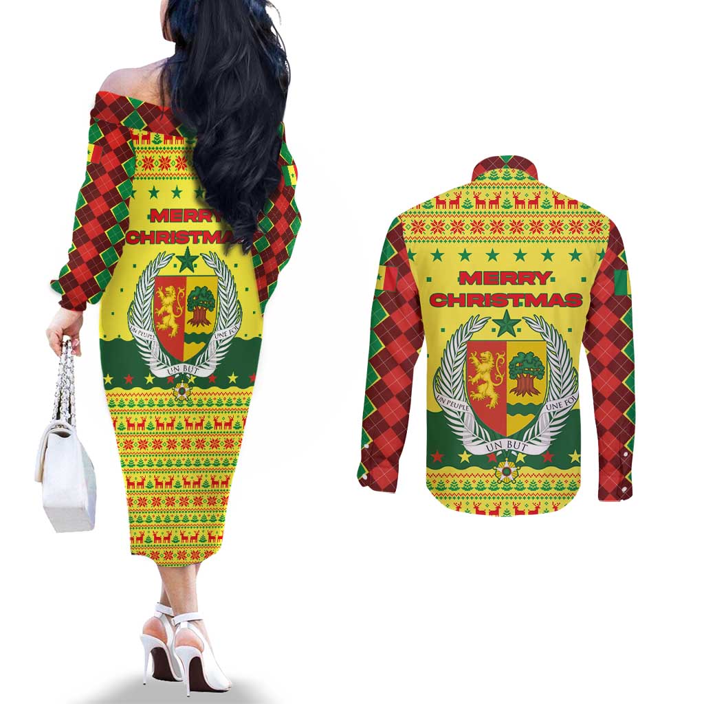 Senegal Christmas Couples Matching Off The Shoulder Long Sleeve Dress and Long Sleeve Button Shirt with Yellow-Green-Red Design, Baobab Tree, and National Coat of Arms Motif - Wonder Print Shop